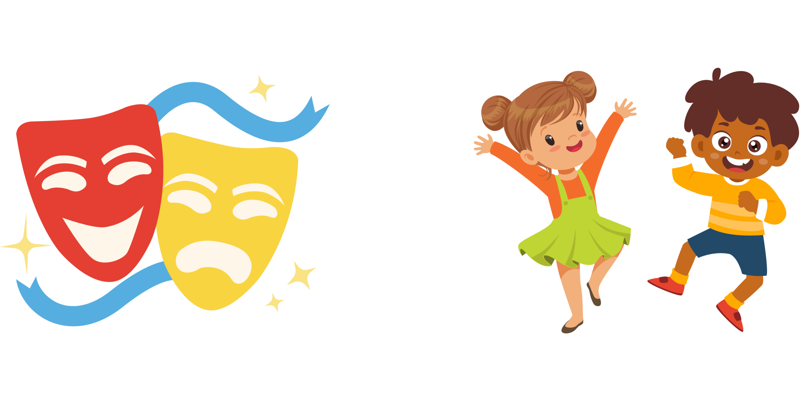 Masques théâtre et enfants qui sautent